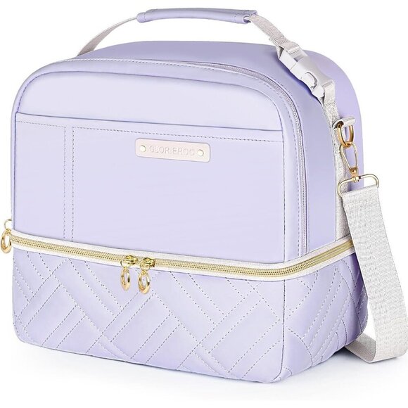 Large Insulated Lunch Bag for Women, Stylish Vegan Leather 2-Tier Tote Cooler - Picture 1 of 6